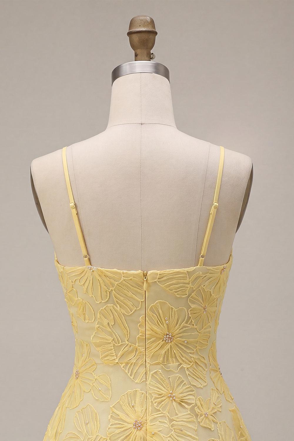 Floral Yellow A-Line Beaded Short Homecoming Dress