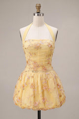 Floral Yellow A-Line Halter Short Corset Homecoming Dress