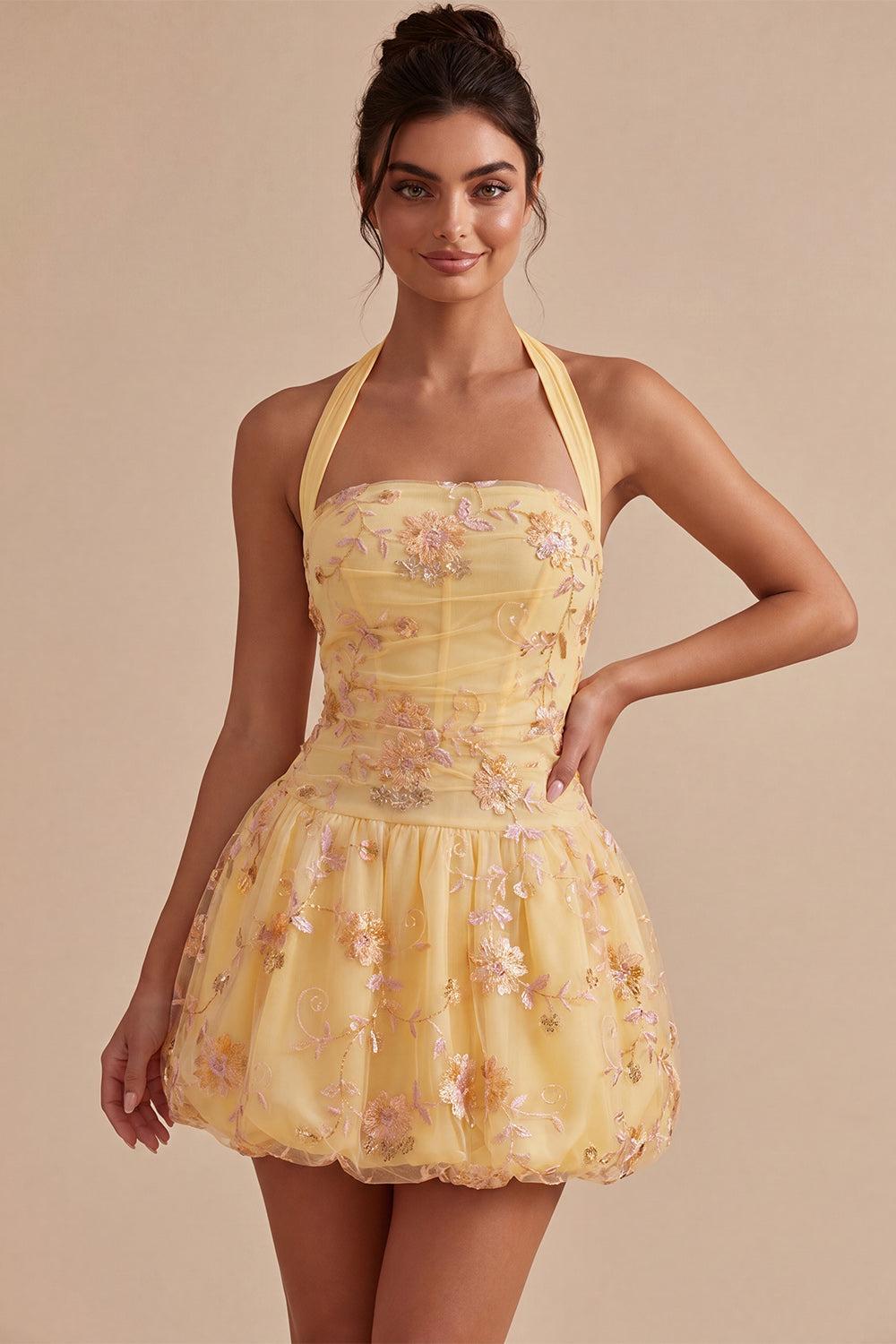 Floral Yellow A-Line Halter Short Corset Homecoming Dress