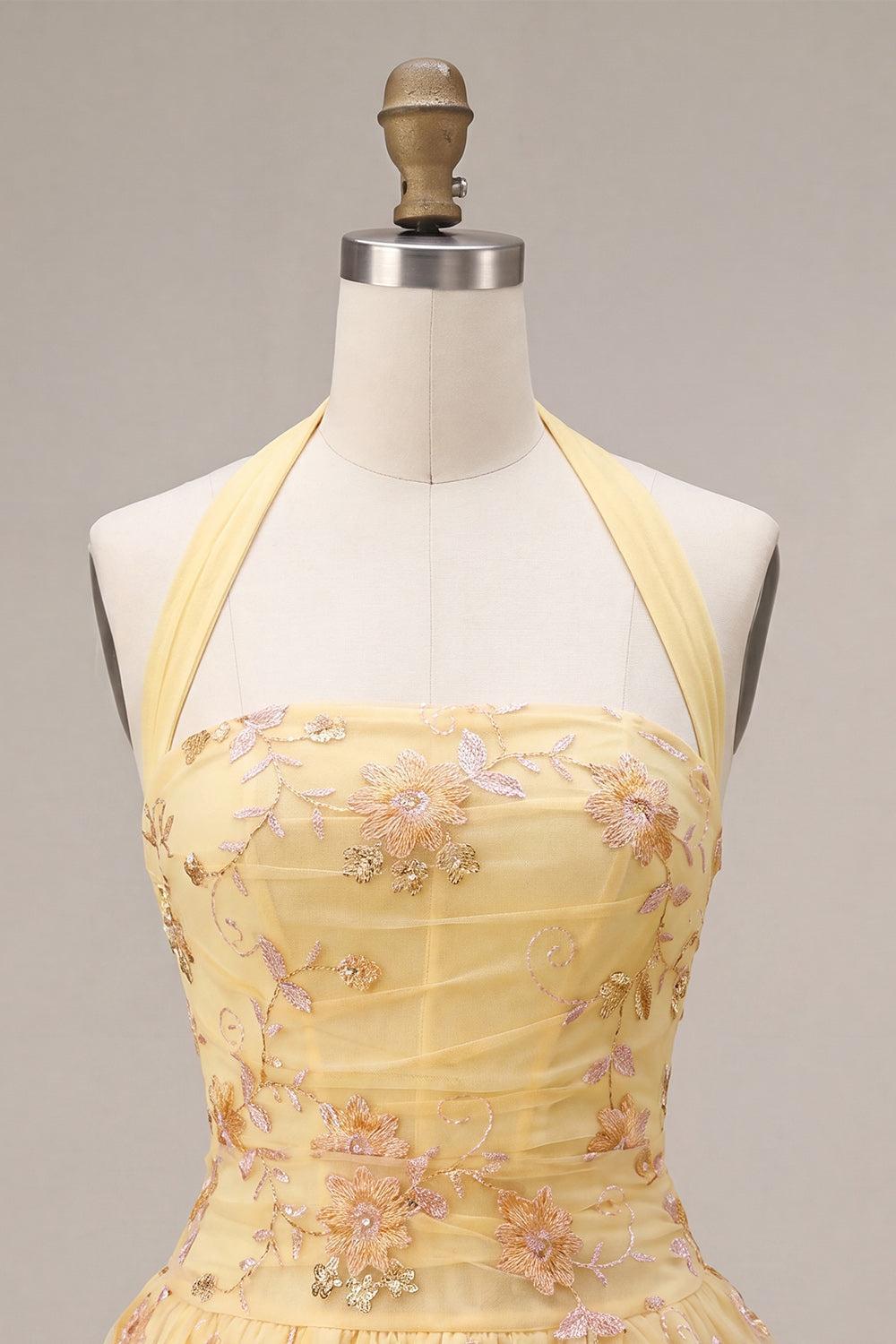 Floral Yellow A-Line Halter Short Corset Homecoming Dress
