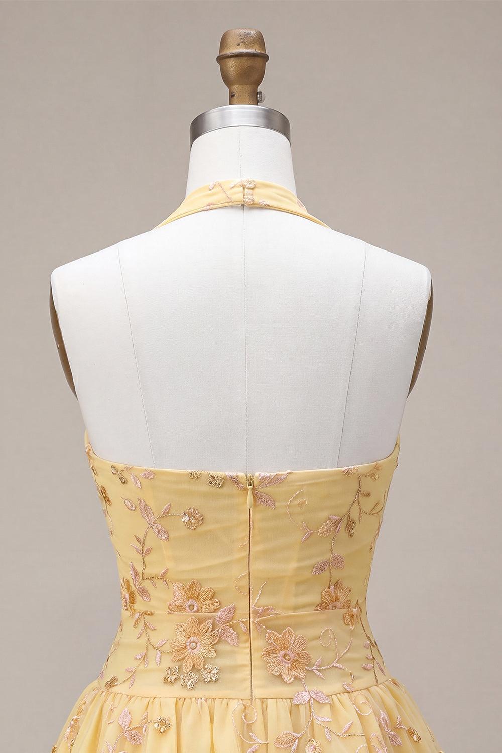 Floral Yellow A-Line Halter Short Corset Homecoming Dress