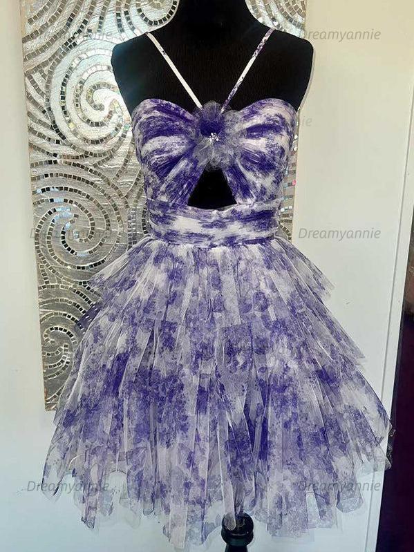 Flower A-Line Tiered Tulle Spaghetti Straps Homecoming Dress