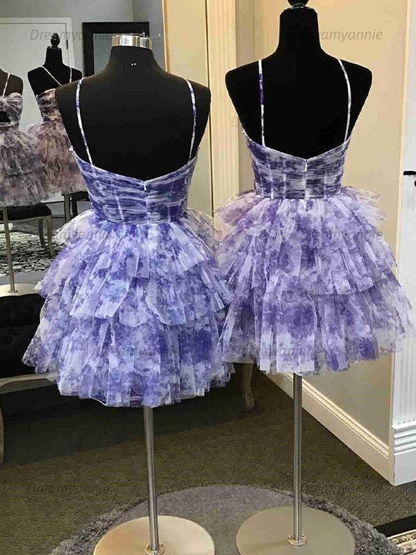 Flower A-Line Tiered Tulle Spaghetti Straps Homecoming Dress