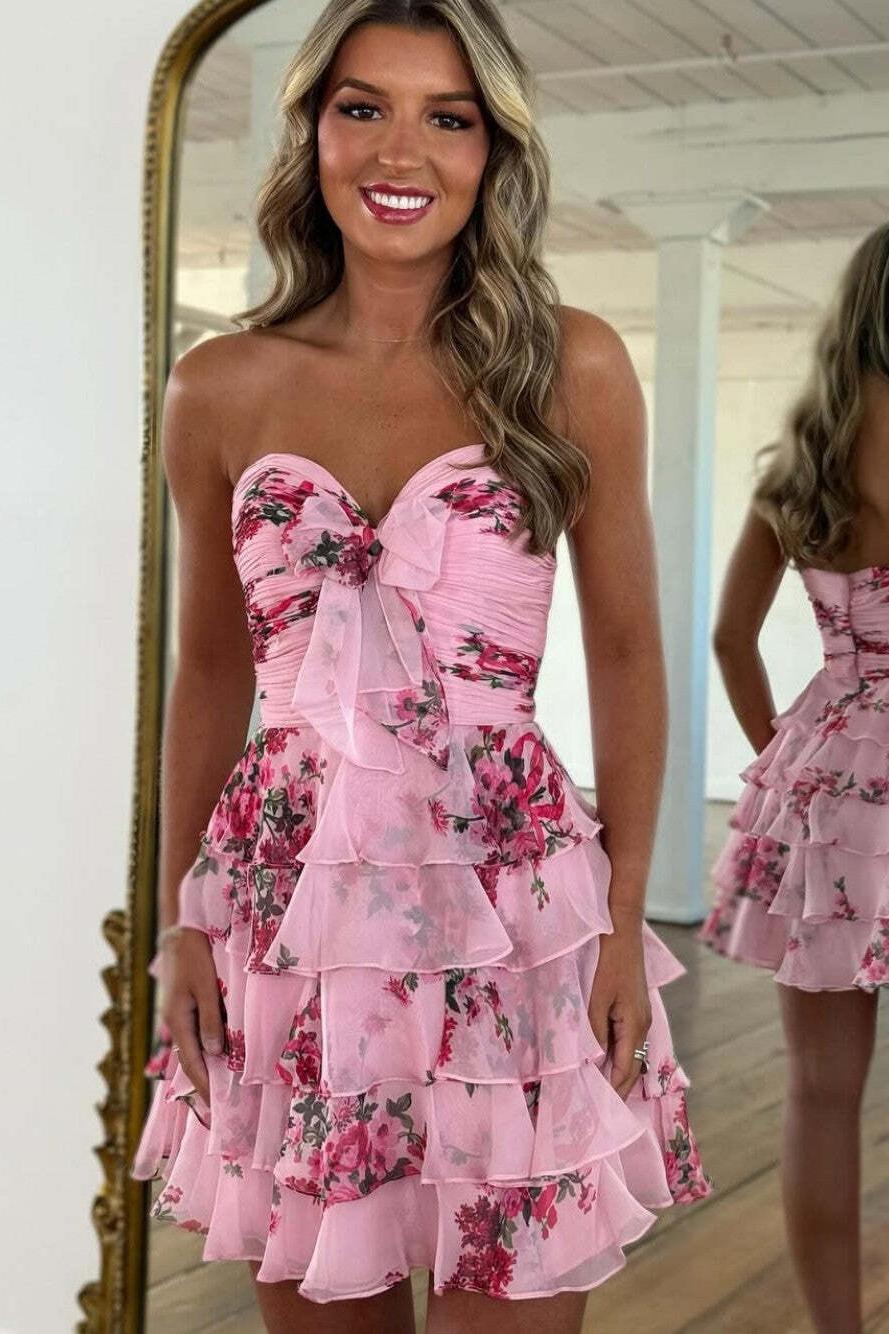 Flower A-Line Tiered Tulle Sweetheart Short Homecoming Dress