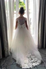 Ivory Tulle A Line Appliques Flower Girl Dress with Bowknot