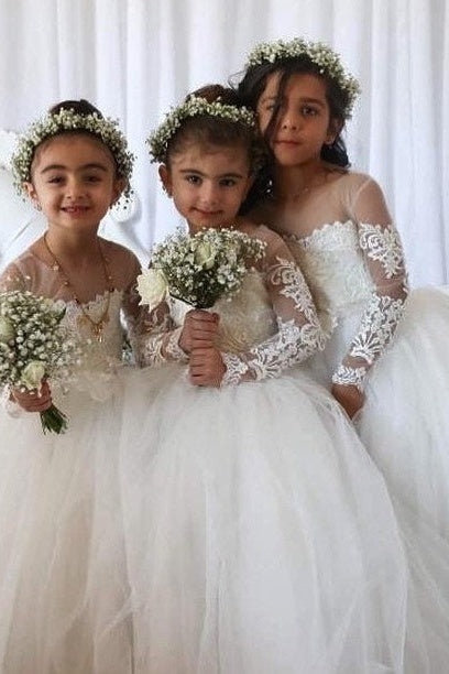 Tulle Appliques Long Sleeves A Line Flower Girl Dress