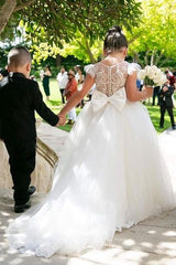 Ivory Tulle A Line Flower Girl Dress with Lace Appliques