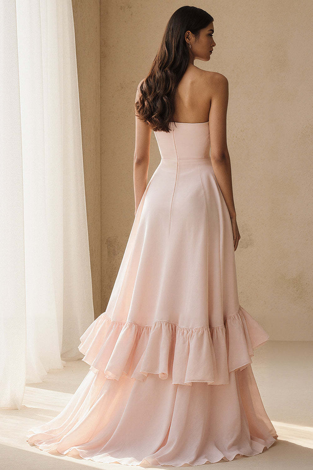 Flowy Light Pink A Line Strapless Ruffled Long Prom Dress