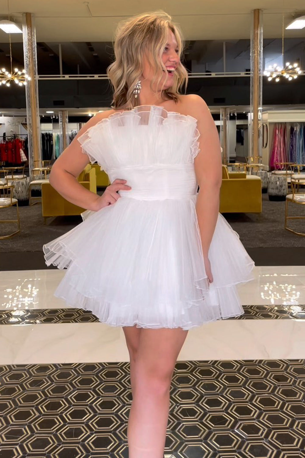 Fluffy Blue Homecoming Dress A-Line Strapless Ruffled Short Cocktail Dresses