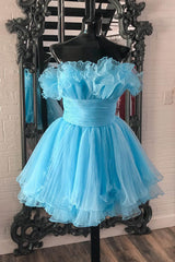Fluffy Blue Homecoming Dress A-Line Strapless Ruffled Short Cocktail Dresses