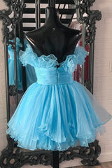 Fluffy Blue Homecoming Dress A-Line Strapless Ruffled Short Cocktail Dresses