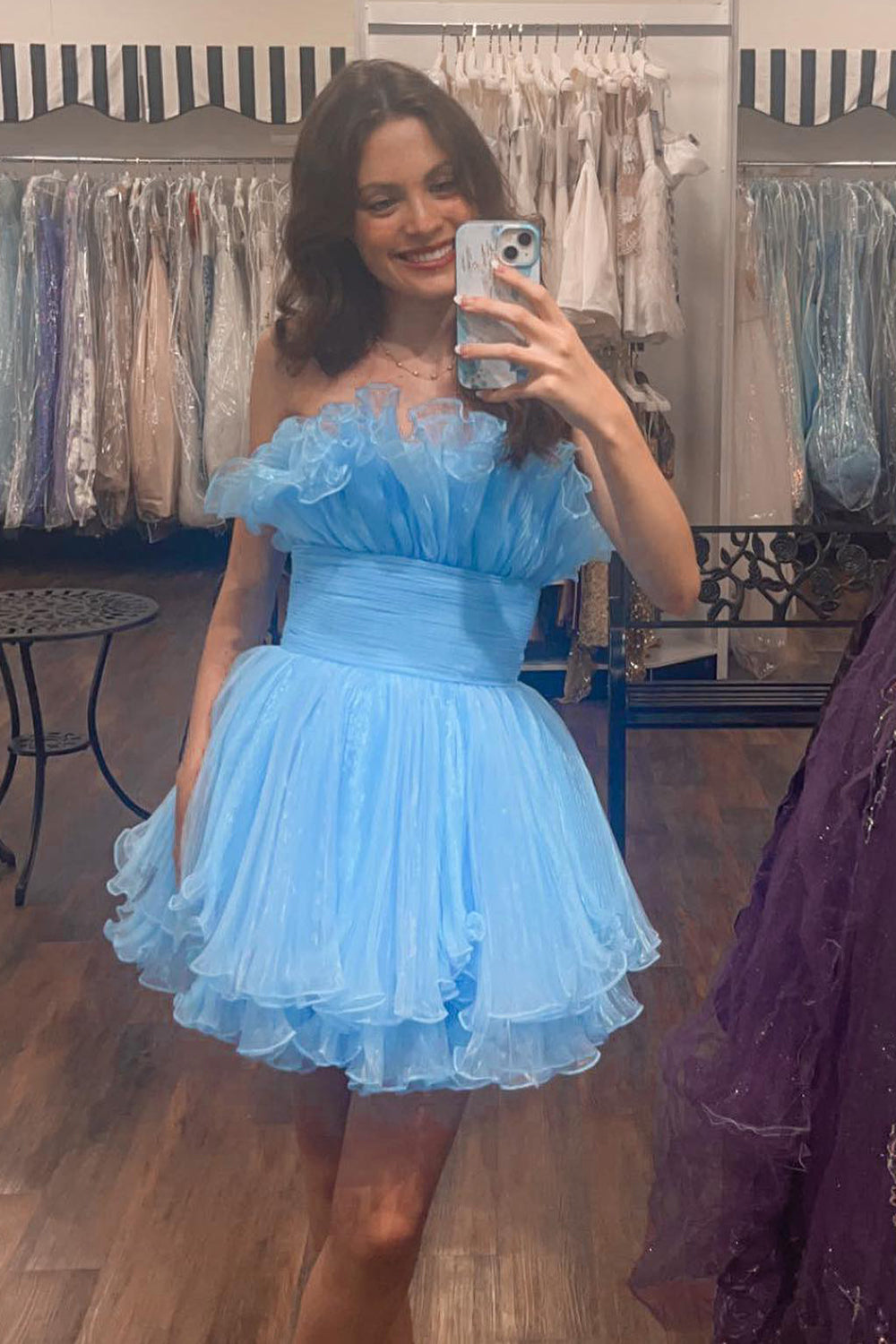 Fluffy Blue Homecoming Dress A-Line Strapless Ruffled Short Cocktail Dresses