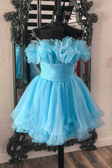 Fluffy Blue Homecoming Dress A-Line Strapless Ruffled Short Prom Dress