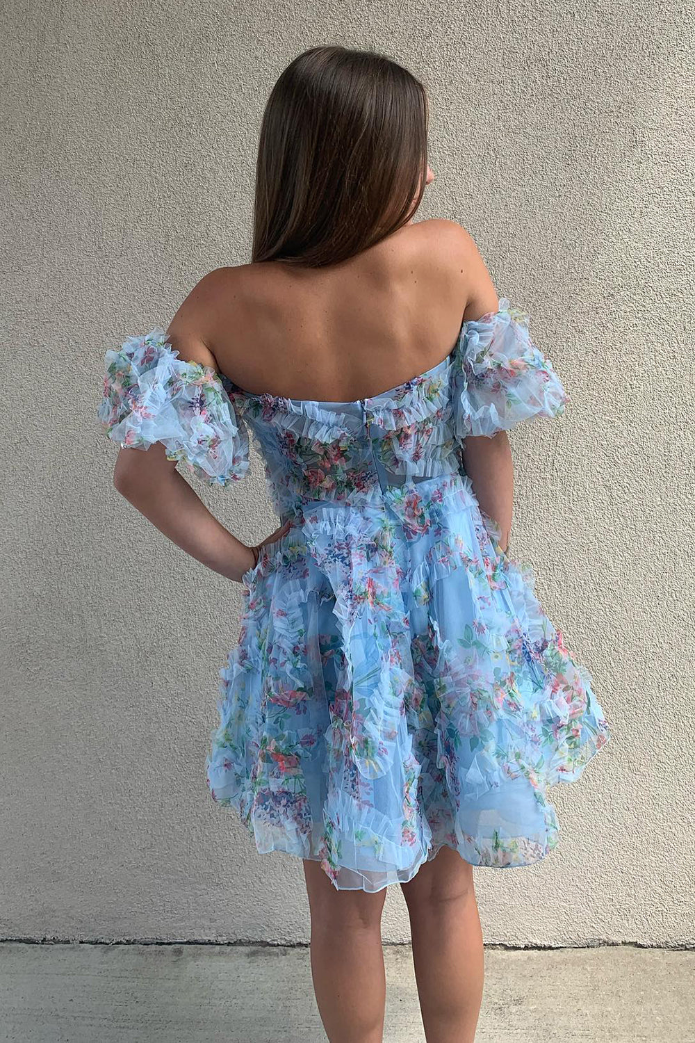 Fluffy Blue Homecoming Dress Corset Off The Shoulder A-Line Short Cocktail Dresses