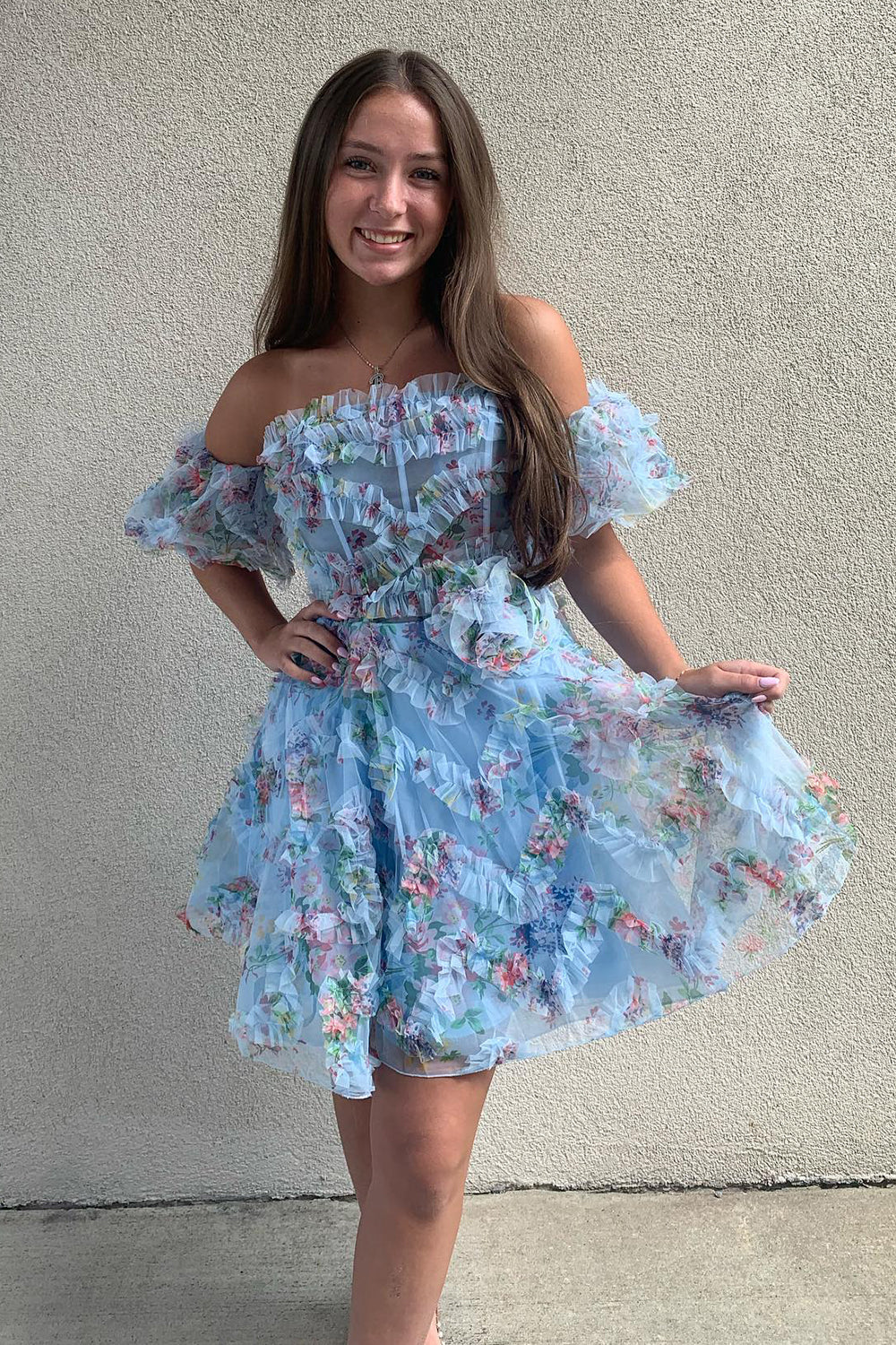 Fluffy Blue Homecoming Dress Corset Off The Shoulder A-Line Short Cocktail Dresses