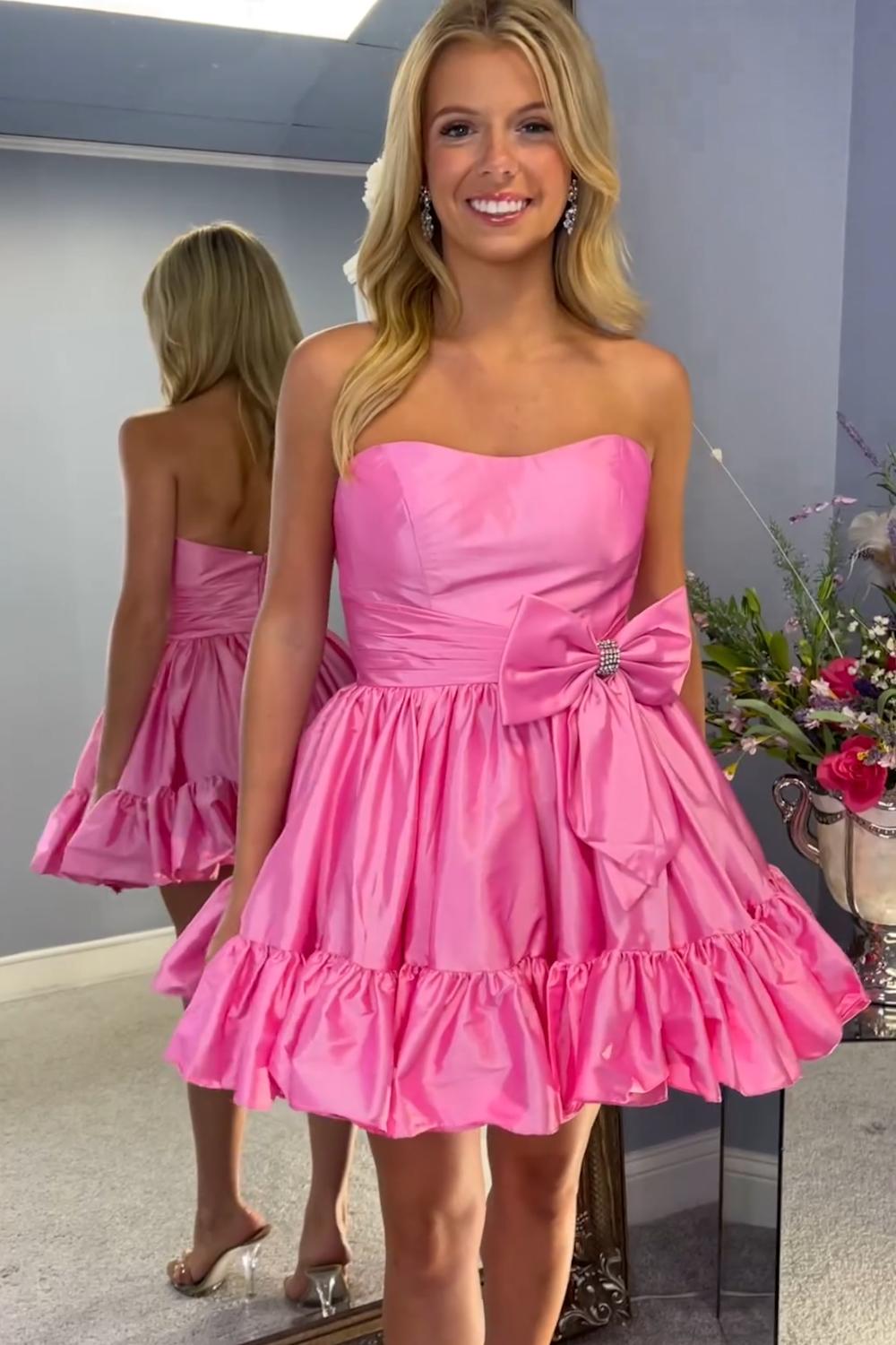 Fluffy Fuchsia Homecoming Dress Strapless A Line Tiered Short Cocktail Dresses with Bow
