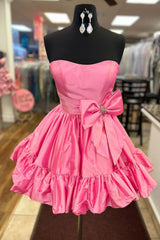 Fluffy Fuchsia Homecoming Dress Strapless A Line Tiered Short Prom Dress with Bow