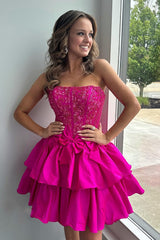 Fluffy Fuchsia Homecoming Dresses Short Tight Cocktail Dresses With Ruffles