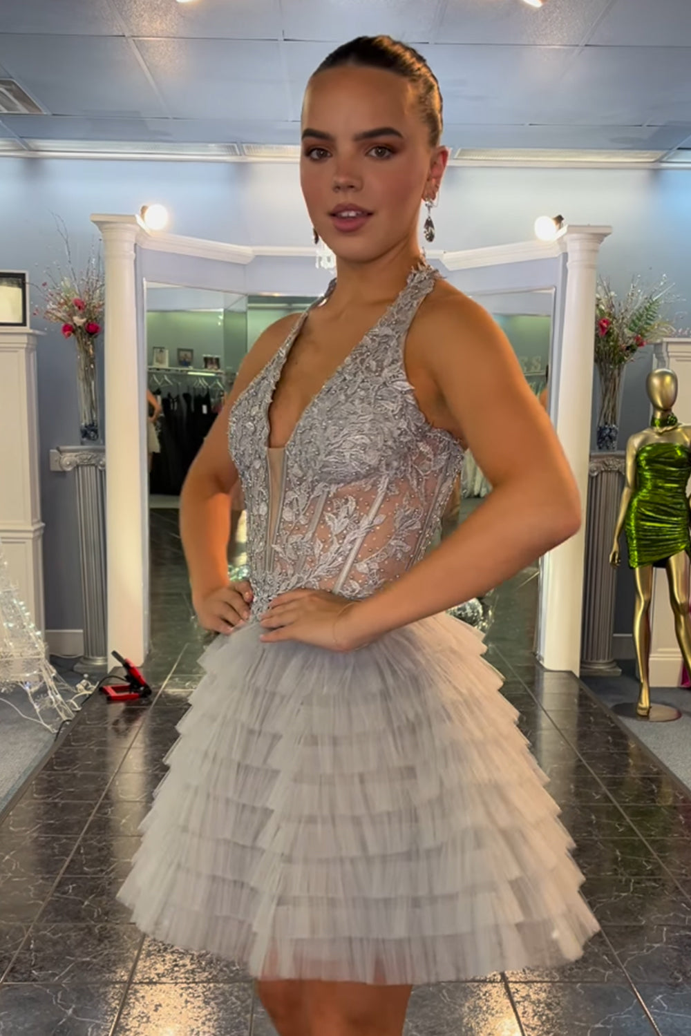 Fluffy Light Blue Homecoming Dress A Line Halter Tiered Short Corset Cocktail Party Dresses