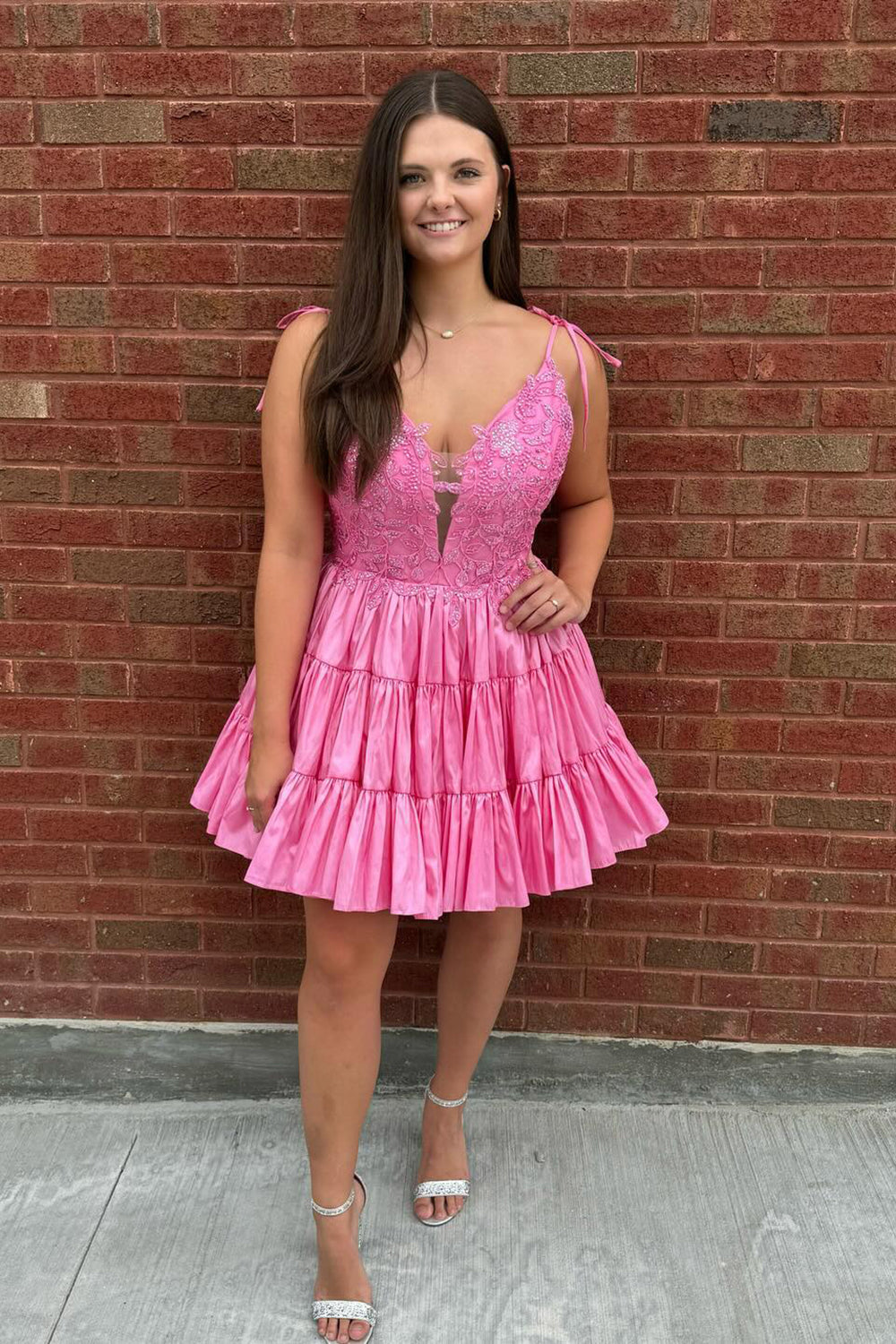 Fluffy Pink Homecoming Dress A Line Ruffled Short Prom Dress with Lace