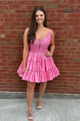 Fluffy Pink Homecoming Dress A Line Ruffled Short Prom Dress with Lace
