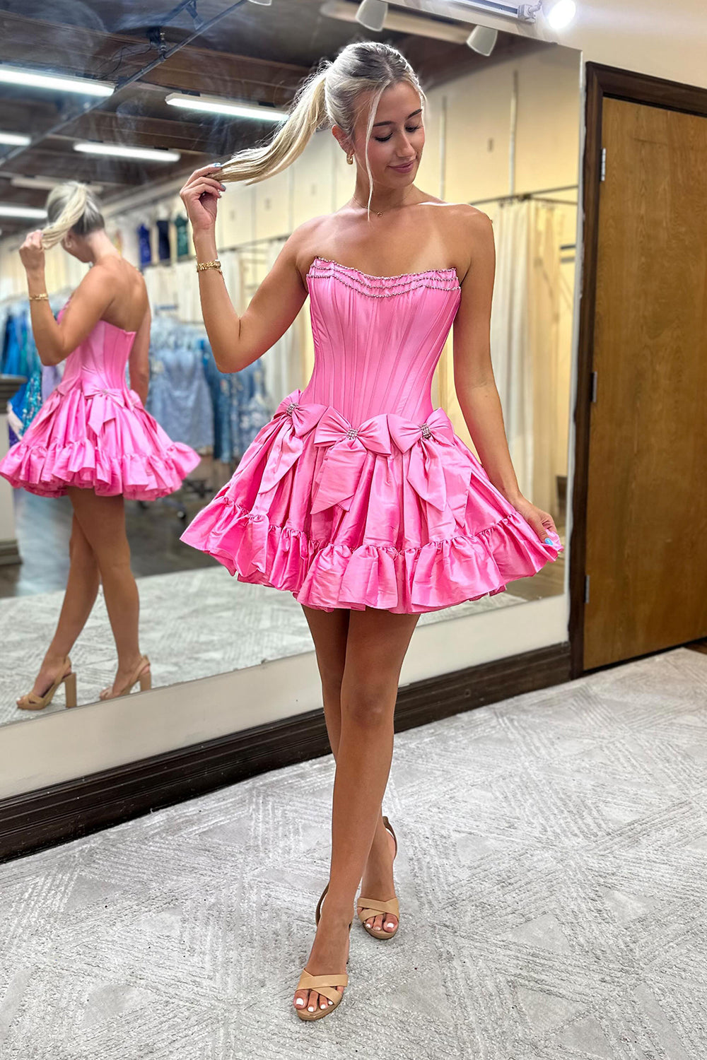 Fluffy Pink Homecoming Dress Corset Sweetheart A Line Short Prom Dress With Bow