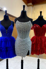 Fluffy Royal Blue Homecoming Dress A Line Halter Tiered Short Corset Prom Dress