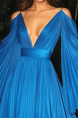 Flutter Sleeves A Line V Neck Chiffon Pleated Wedding Guest Dress Carpet Dress