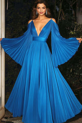 Flutter Sleeves A Line V Neck Chiffon Pleated Wedding Guest Dress Carpet Dress