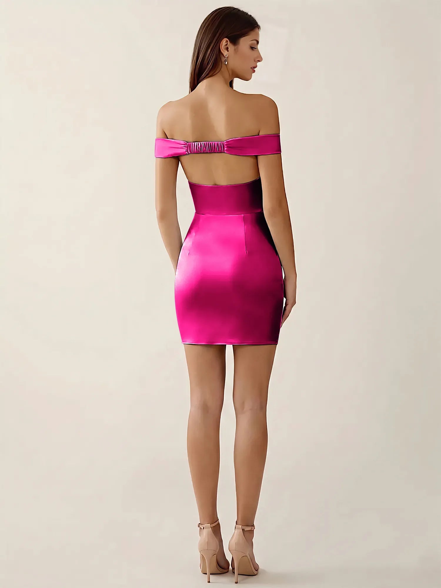 Off-The-Shoulder Ruched Satin Mini Homecoming Dress
