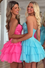 Fuchsia A Line Homecoming Dresses Corset Short Cocktail Dresses With Ruffles