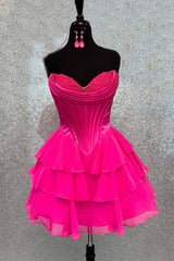 Fuchsia A Line Homecoming Dresses Corset Short Cocktail Dresses With Ruffles