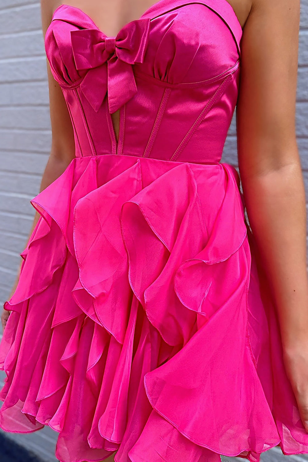 Fuchsia A Line Homecoming Dresses Ruffled Short Corset Cocktail Dresses With Bow
