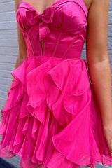 Fuchsia A Line Homecoming Dresses Ruffled Short Corset Cocktail Dresses With Bow