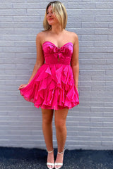 Fuchsia A Line Homecoming Dresses Ruffled Short Corset Cocktail Dresses With Bow