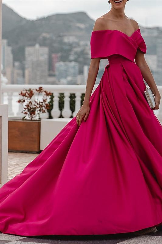 Fuchsia A Line Off the Shoulder Formal Dress Floor Length Wedding Guest Dress with Slit