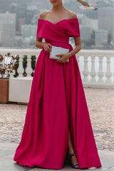 Fuchsia A Line Off the Shoulder Formal Dress Floor Length Wedding Guest Dress with Slit