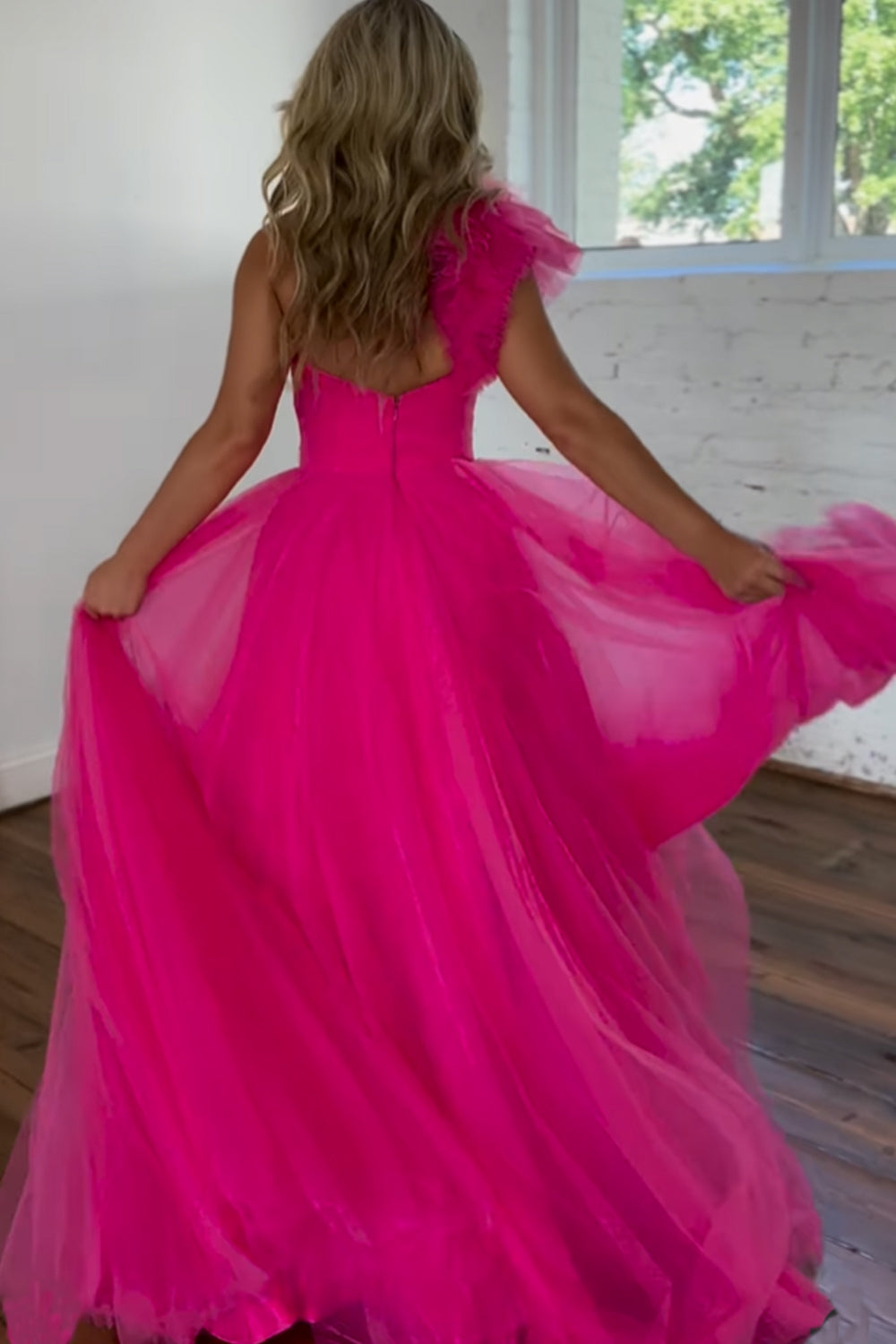 Fuchsia A Line One Shoulder Long Tulle Prom Dress with Ruffles