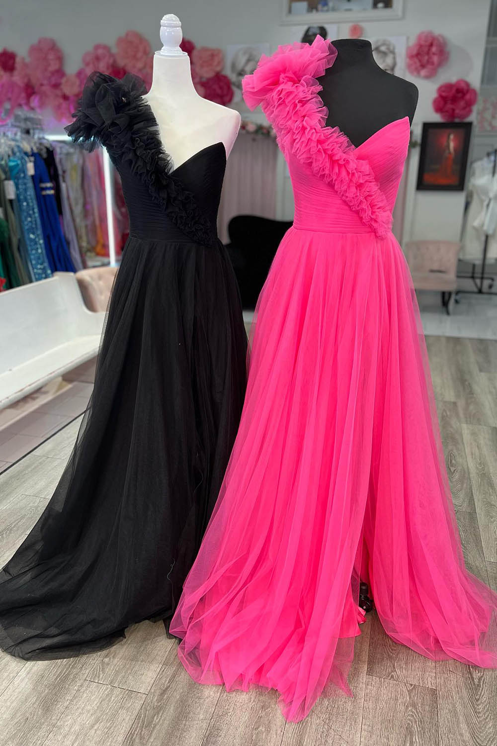 Fuchsia A Line One Shoulder Long Tulle Prom Dress with Ruffles