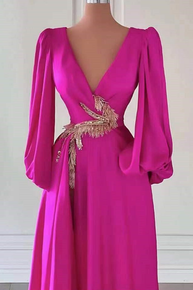 Fuchsia A Line Prom Dress Long Sleeve V Neck Beaded Formal Dress