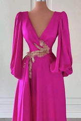 Fuchsia A Line Prom Dress Long Sleeve V Neck Beaded Formal Dress