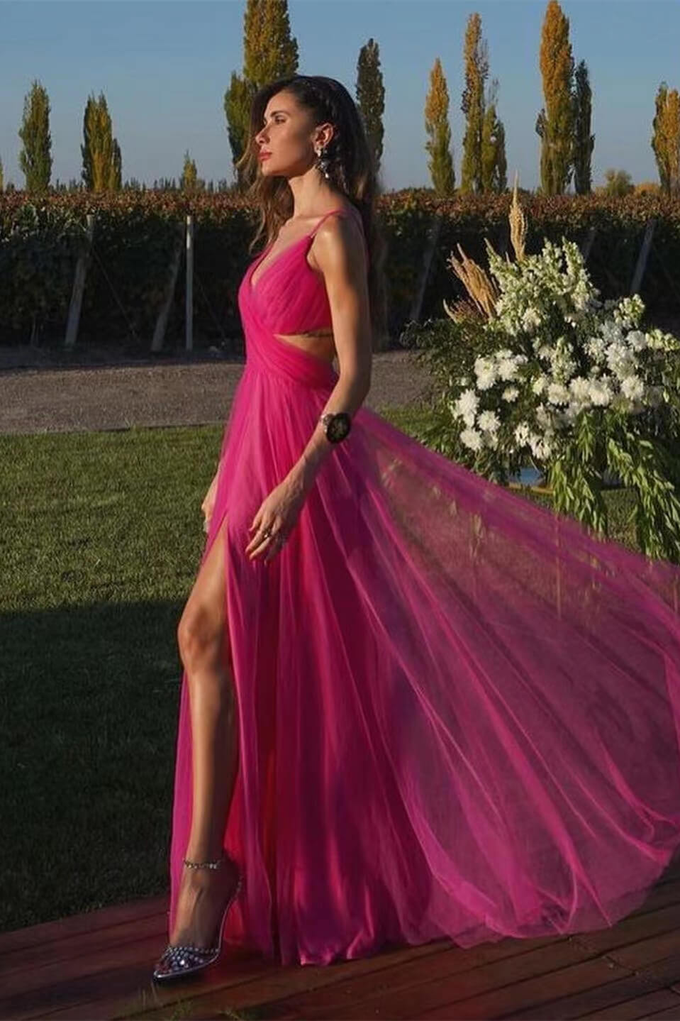 Fuchsia A Line Prom Dress Sleeveless Spaghetti Straps Formal Dress