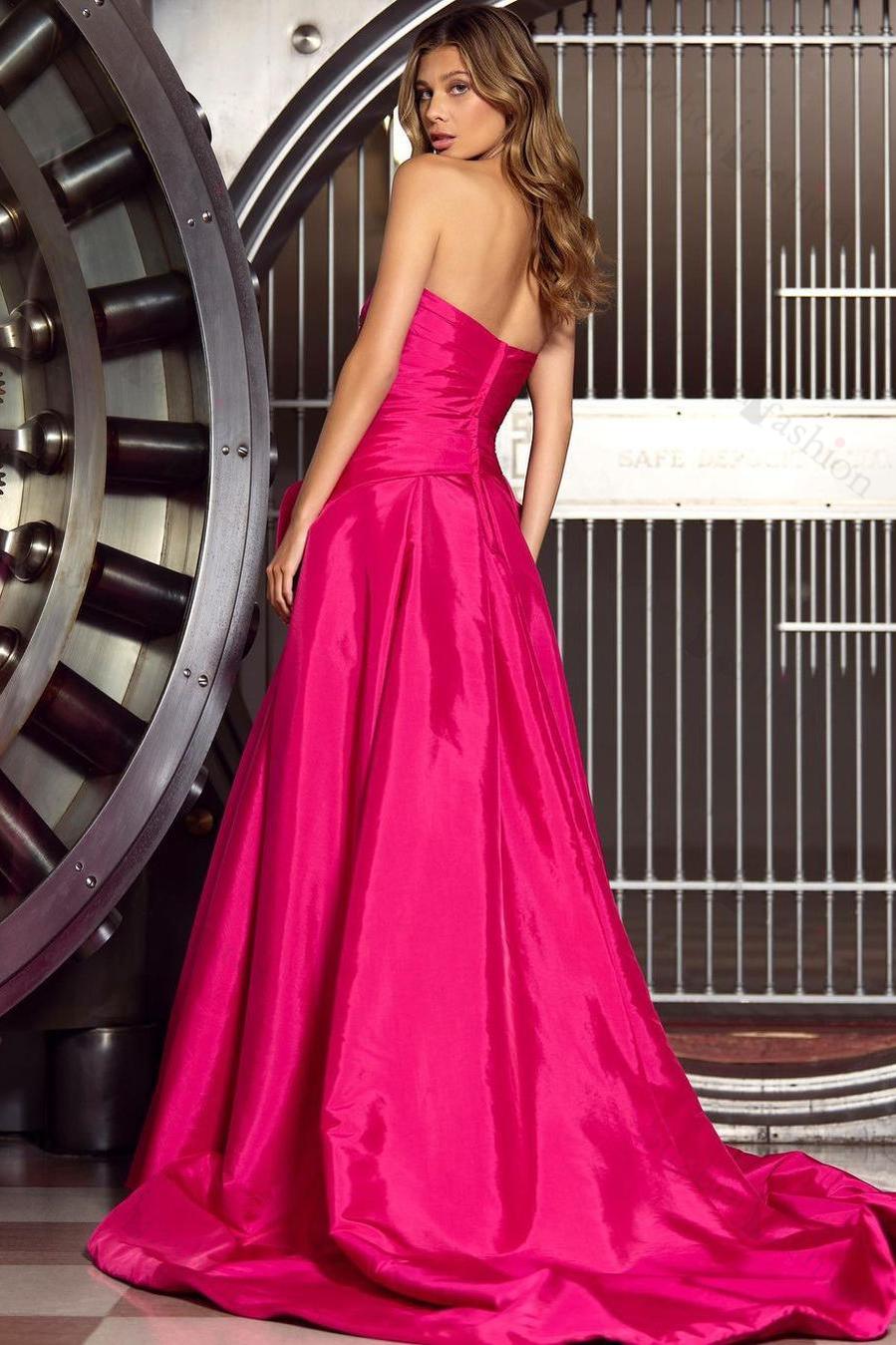 Fuchsia A Line Prom Dress Sleeveless Strapless Satin Formal Dress
