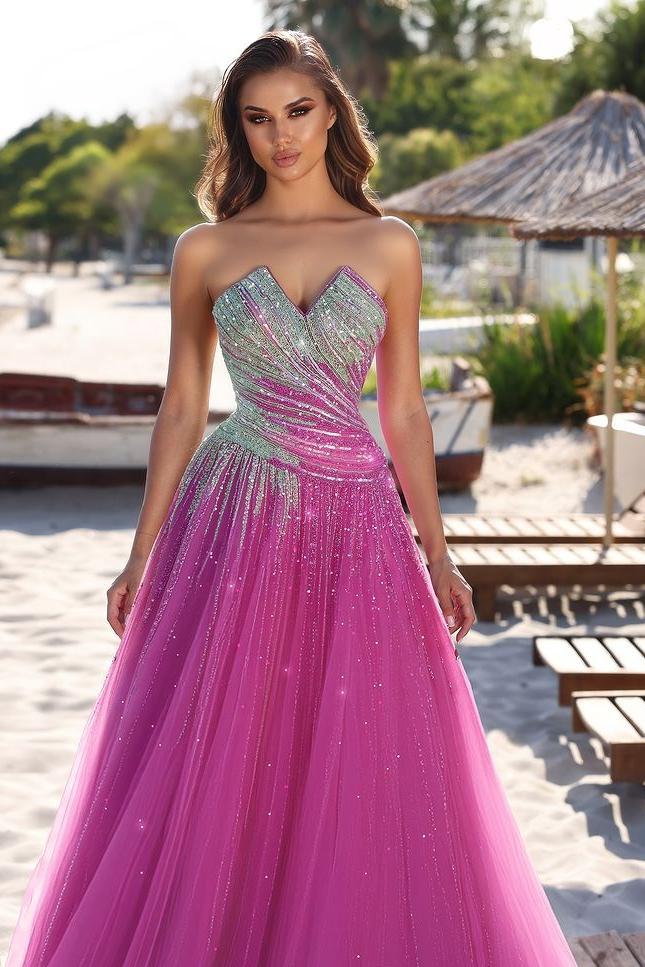 Fuchsia A Line Prom Dress Sleeveless Sweetheart Beaded Formal Dress