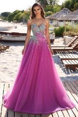 Fuchsia A Line Prom Dress Sleeveless Sweetheart Beaded Formal Dress