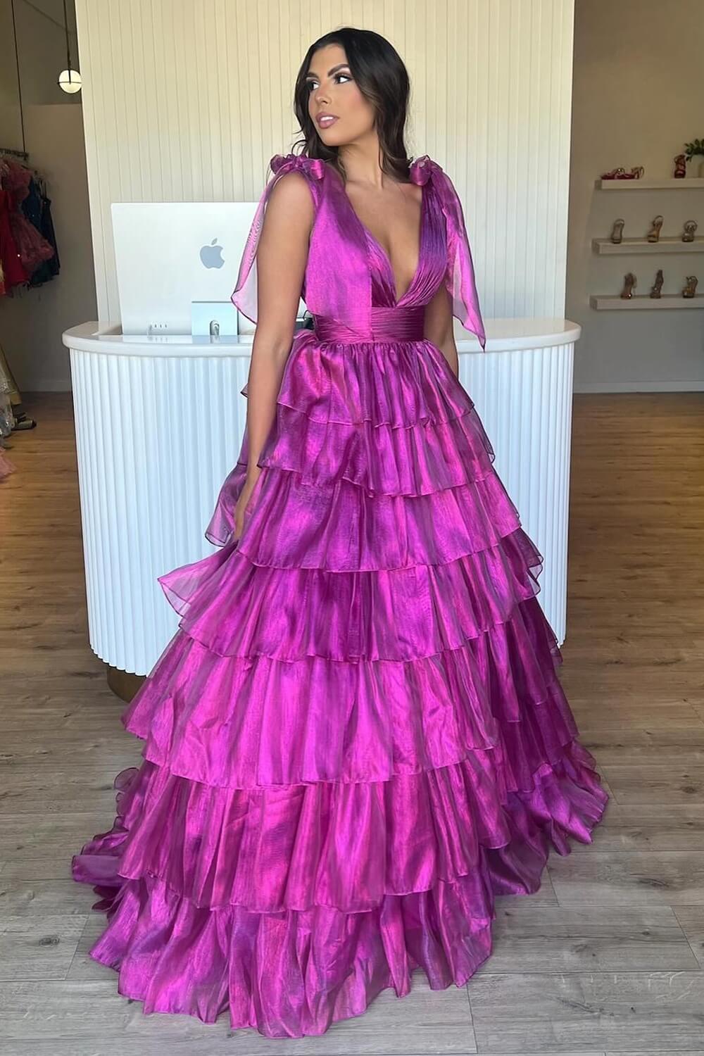 Royal Blue A Line V Neck Ruffled Long Prom Dress
