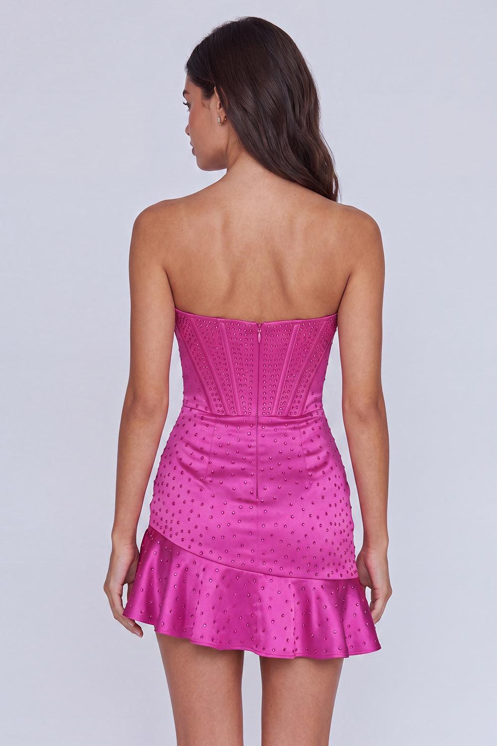 Fuchsia Beaded Corset Ruffled Strapless Tight Short Homecoming Dress