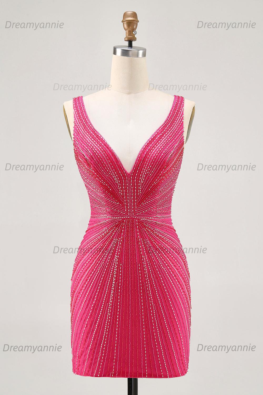 Deep V-Neck Allover Rhinestone Starburst Bodycon Homecoming Dresses Mini Cocktail Dress
