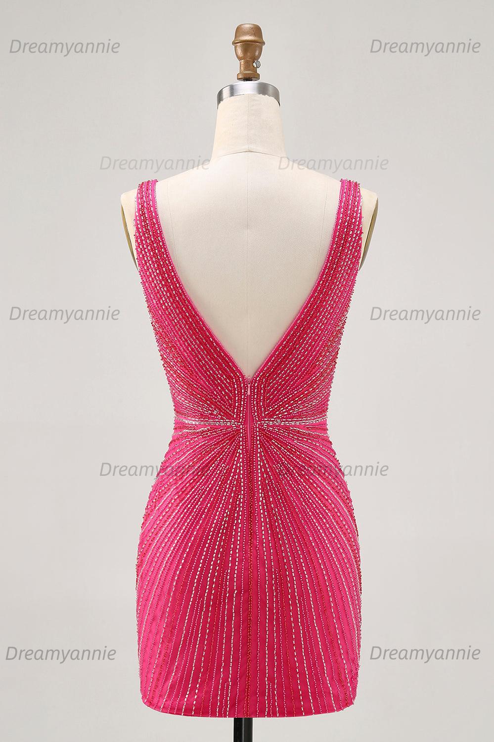 Deep V-Neck Allover Rhinestone Starburst Bodycon Homecoming Dresses Mini Cocktail Dress