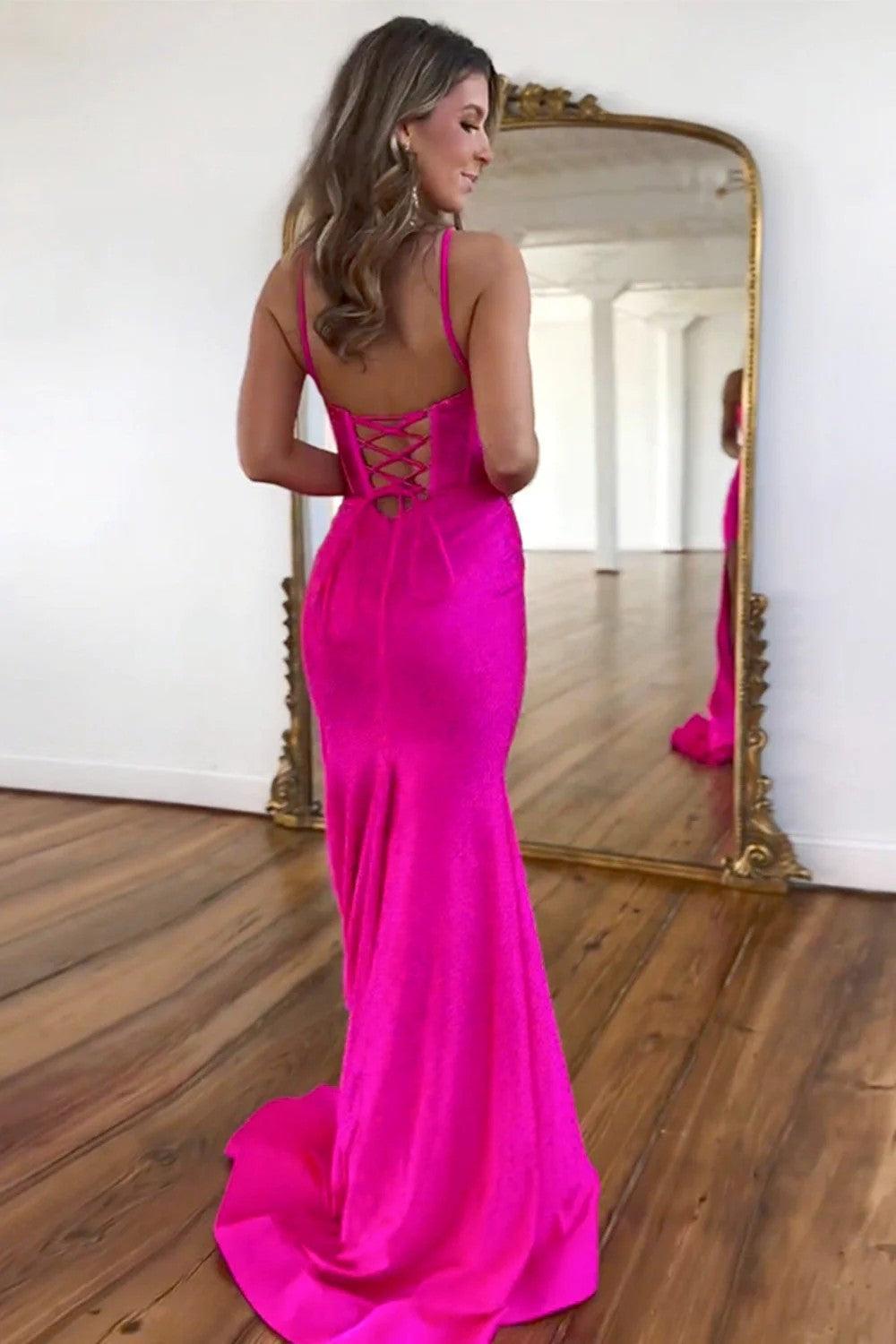 Fuchsia Beaded Mermaid Prom Dress With Spaghetti Straps And Lace-Up Back Formal Evening Gown